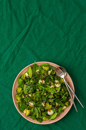 Salad with spinach and wild garlic, quail eggs and boiled broccoli, mozzarella and balsamic vinegar, healthy light salad in a plate on a green tableclothの写真素材