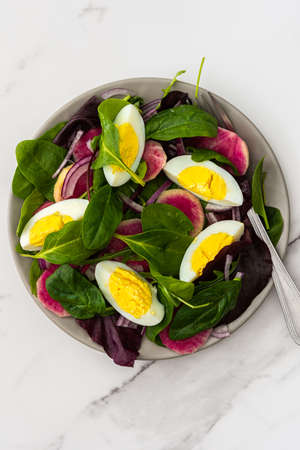 Salad with mix lettuce and egg, red onion and Margelan radish in a plate close-up on a marble backgroundの写真素材