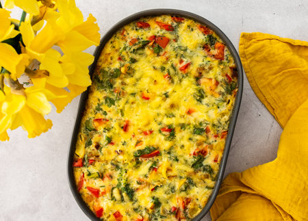 Delicious healthy vegetable pie with broccoli and cauliflower, tomatoes and sweet peppers and cheese in a ceramic dish, daffodils in a vaseの写真素材