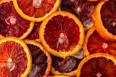 Fruit background with blood oranges and ice, delicious sweet fruit, top viewの写真素材