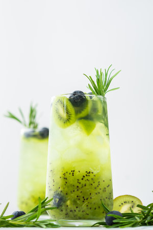 Refreshing drink with kiwi smoothie, summer sweet fruit juice with blueberries and rosemaryの写真素材