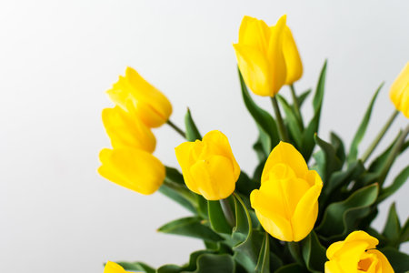 Beautiful spring bouquet of yellow tulips, festive bouquet for birthday or holidayの写真素材