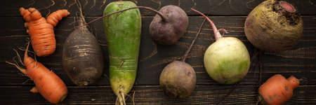 Root vegetables on a wooden background, different types of radish with beetroot and carrots, organic farm vegetables bannerの写真素材