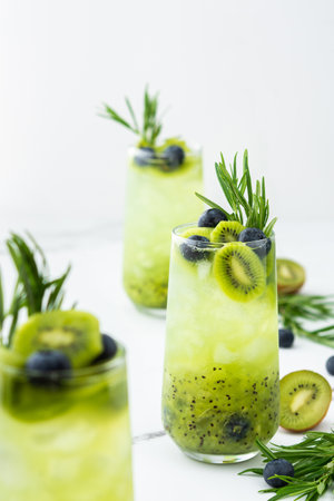 Refreshing drink with kiwi smoothie, summer sweet fruit juice with blueberries and rosemaryの写真素材