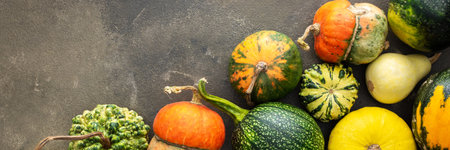 Decorative and edible pumpkins on a green background, top view, autumn banner, copy spaceの写真素材