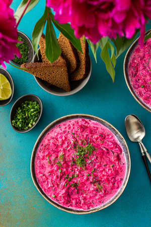 Cold soup svekolnik, Borscht or Chlodnik , soup made from boiled beets, potatoes and fresh vegetablesの写真素材