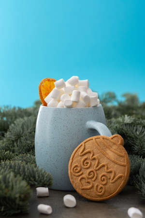 Christmas drink with marshmallows in a mug with gingerbread cookies among fir branchesの写真素材