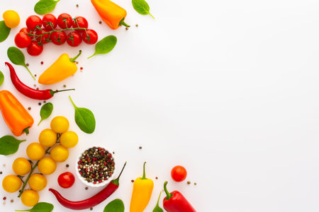 Yellow and red tomatoes, hot peppers,spinach and spices on a white background, food background, top...