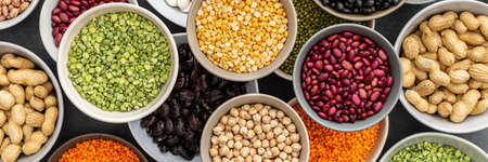 Banner of different types of legumes in bowls, green with yellow peas and mung beans, chickpeas and peanuts, colored beans and lentils, top viewの写真素材