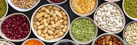 Banner of different types of legumes in bowls, green with yellow peas and mung beans, chickpeas and peanuts, colored beans and lentils, top viewの写真素材