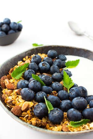 Homemade granola with yogurt, blueberries and mint leaves in a bowl on a white background, delicious healthy breakfastの写真素材