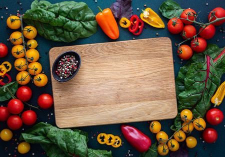 Empty cutting board in the middle of fresh organic vegetables on a green background, food background, farm products, colorful peppers and tomatoes, chard leaves and onionsの写真素材