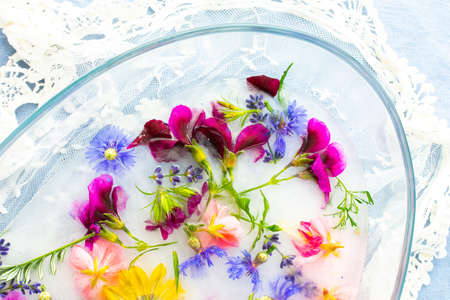 Summer background of frozen flowers in ice, cornflowers and geraniums, osteosperum and lavender and carnationの写真素材