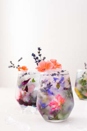 Refreshing cold drink with frozen flowers, cornflowers and geraniums, osteosperum and lavender and carnationの写真素材