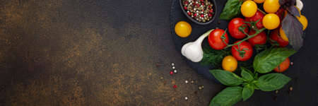 Food banner, fresh ripe red and yellow tomatoes, spices and basil leaves, garlic and green onions on dark board, healthy food concept, copy space, top viewの写真素材