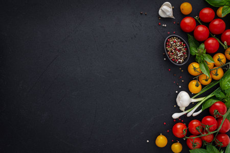 Food background, fresh ripe red and yellow tomatoes, spices and basil leaves, garlic and green onions on a dark background, healthy food concept, copy space, top viewの写真素材