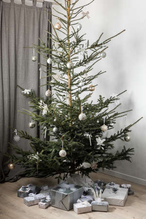 Home interior with decorated Christmas tree in white and silver colors and gifts under it, Merry Christmas and Happy New Yearの写真素材