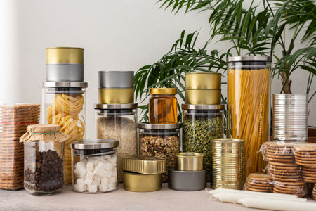 Necessary products for the period of the pandemic or famine or quarantine and isolation, food stock, the concept of stay at home, donated products, grocery deliveryの写真素材