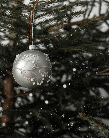 Beautiful Christmas ball close-up on a Christmas tree branch and snowの写真素材