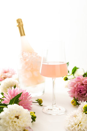 A glass with rose sparkling wine surrounded by dahlias, a bottle of rose sparkling wine is chilled in a glass bucket with iceの写真素材