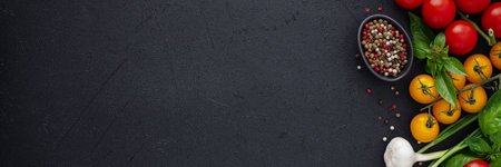 Food banner, fresh ripe red and yellow tomatoes, spices and basil leaves, garlic and green onions on a dark background, healthy food concept, copy space, top viewの写真素材