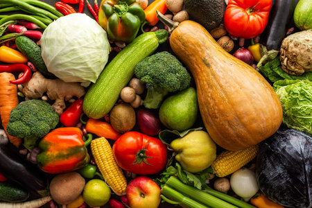 Ripe fresh vegetables, organic seasonal vegetables background, autumn farm harvest, top view