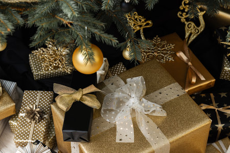 Gift boxes under the Christmas tree, Merry Christmas and Happy New Yearの写真素材
