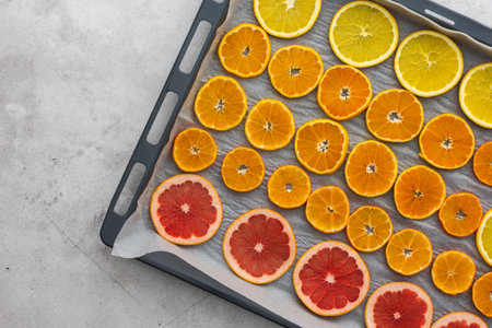 Sliced orange, tangerine and grapefruit slices on baking sheet, preparing citrus wedges for Christmas garlandの写真素材