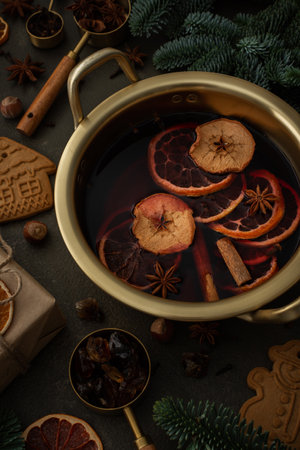 Christmas hot alcoholic drink mulled wine in a pan with citruses, aromatic spices, cinnamon and dried fruits among the spruce branchesの写真素材