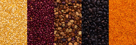 Different types of legumes banner, yellow peas and lentils, red, black and brown beans, top viewの写真素材