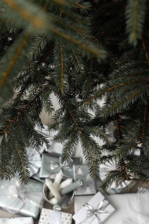 Christmas tree branches close-up, white and silver gift boxes with bows under the Christmas tree, Happy New Yearの写真素材