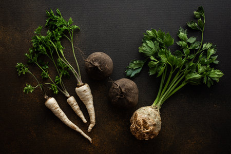 Parsley and selera roots with tops and black radish close-up on a brown background, top view, healthy autumn seasonal roots, copy spaceの写真素材