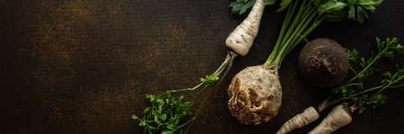 Parsley and selera roots with tops and black radish close-up on a brown background, top view, healthy autumn seasonal roots banner, copy spaceの写真素材