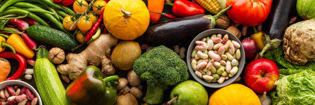 Ripe fresh vegetables, organic seasonal vegetables banner, autumn farm harvest, top viewの写真素材