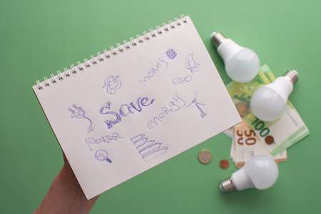 Save energy, accounting and saving money, energy saving light bulbs and notebook on green background, money spending planning, rising electricity costsの写真素材