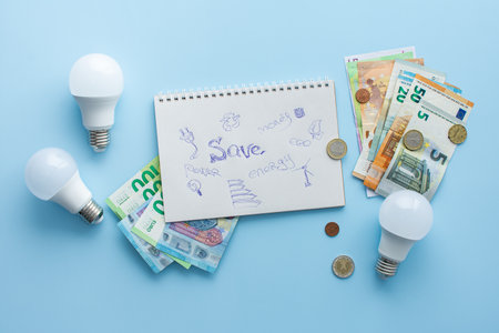 Save energy, accounting and saving money, energy saving light bulbs and notebook on a blue background, money spending planning, rising electricity costsの写真素材