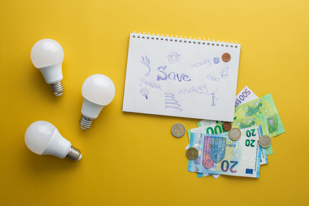 Save energy, accounting and saving money, energy saving light bulbs and notebook on yellow...