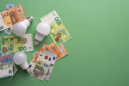 Save energy, accounting and saving money, energy saving light bulbs and money on green background, money spending planning, rising electricity costsの写真素材