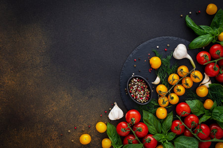Food background, fresh ripe red and yellow tomatoes, spices and basil leaves, garlic and green onions on a dark board, healthy food concept, copy space, top viewの写真素材