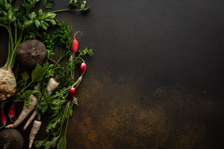 Parsley and selera roots with tops, black and red radish close-up on a brown background, top view, healthy autumn seasonal roots, copy spaceの写真素材