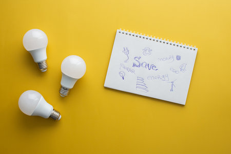 Save energy, accounting and saving money, energy saving light bulbs and notebook on yellow background, money spending planning, rising electricity costsの写真素材