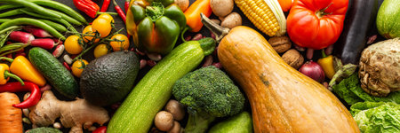Ripe fresh vegetables, organic seasonal vegetables banner, autumn farm harvest, top viewの写真素材