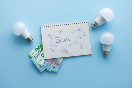 Save energy, accounting and saving money, energy saving light bulbs and notebook on a blue background, money spending planning, rising electricity costsの写真素材