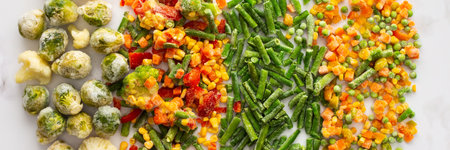 Frozen vegetable mix banner, frozen green beans and broccoli, corn and carrots, brussels sprouts and cauliflower, peas and bell peppers, copy space, top viewの写真素材