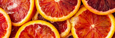 Fruit banner with blood oranges and ice, delicious sweet fruit, top viewの写真素材