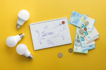 Save energy, accounting and saving money, energy saving light bulbs and notebook on yellow background, money spending planning, rising electricity costsの写真素材