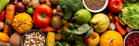 Ripe fresh vegetables, organic seasonal vegetables banner, autumn farm harvest, top viewの写真素材