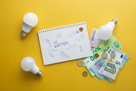 Save energy, accounting and saving money, energy saving light bulbs and notebook on yellow background, money spending planning, rising electricity costsの写真素材