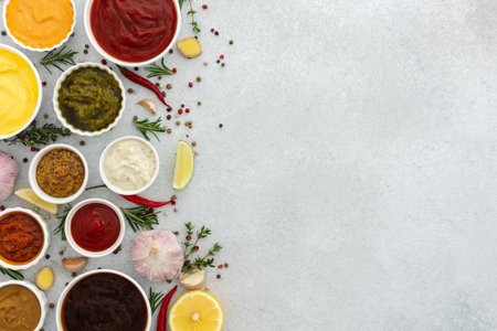 Different types of sauces in bowls with seasonings, rosemary and pepper, thyme and garlic, lime and lemon, cilantro, top view, copy spaceの写真素材