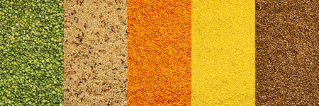 Various grain cereals banner, top view, green peas and brown rice, lentils and wheat, brown buckwheatの写真素材